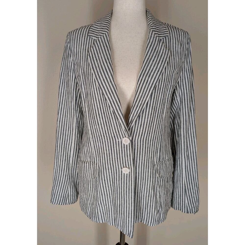 MM Couture Blue Striped Linen Blazer Jacket Womens Lightweight Button-Up Size M